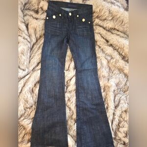 Rock & Republic Dark Blue Scorpion Flare Jeans with Gold Accents